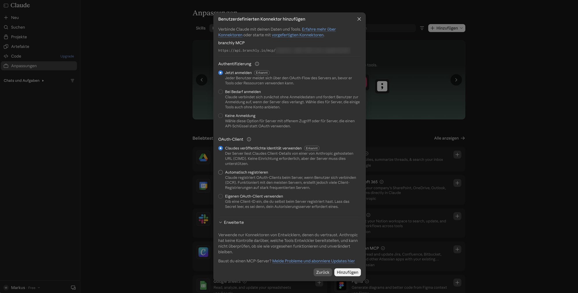 Authentifizierungs- und OAuth-Client-Einstellungen konfigurieren