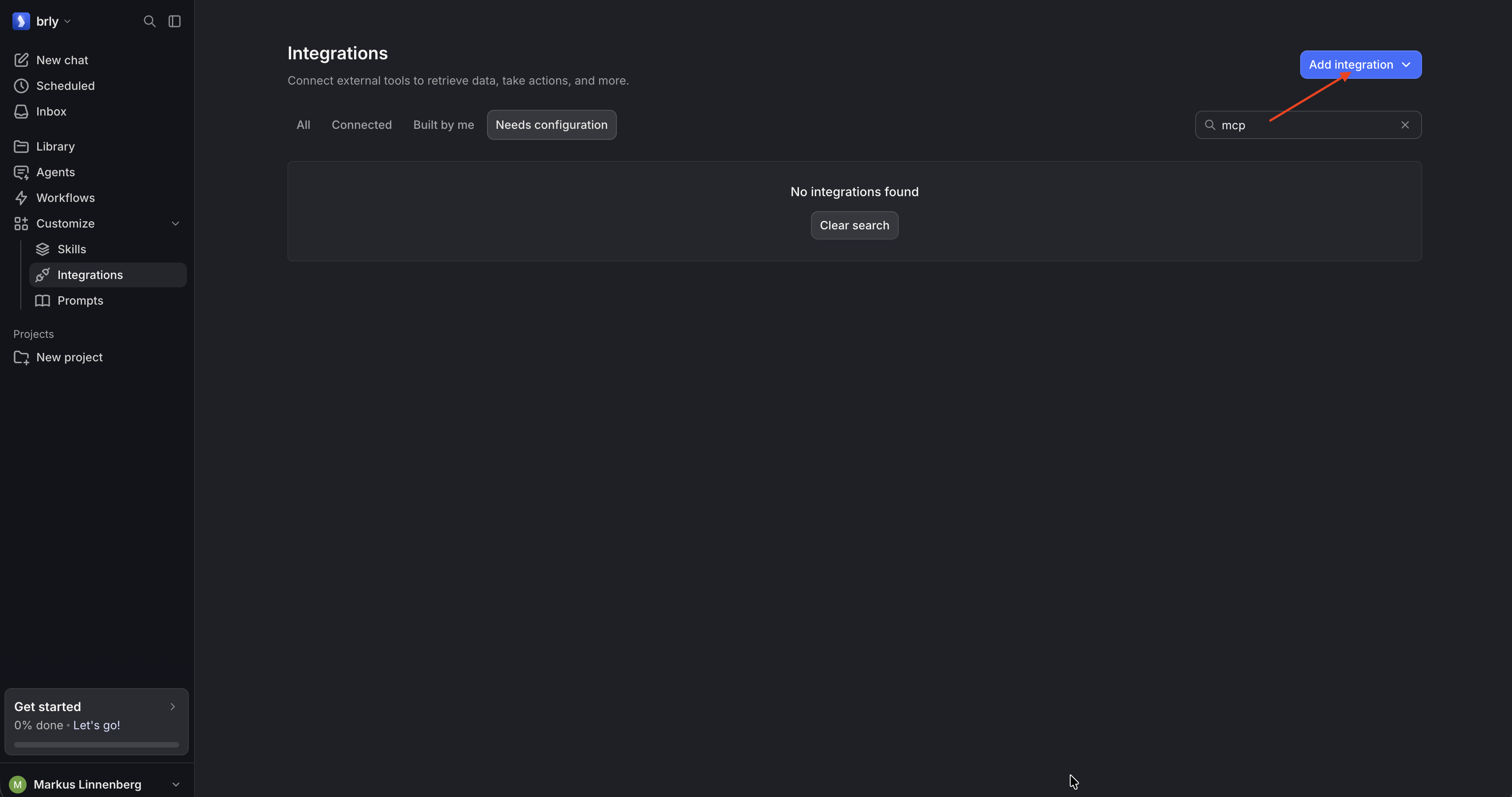 Navigiere zu Customize → Integrations und klicke auf Add integration